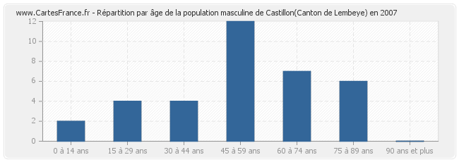 Répartition par âge de la population masculine de Castillon(Canton de Lembeye) en 2007